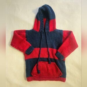 Red and Blue Striped Boy's Handmade Knot Hooded Sweater